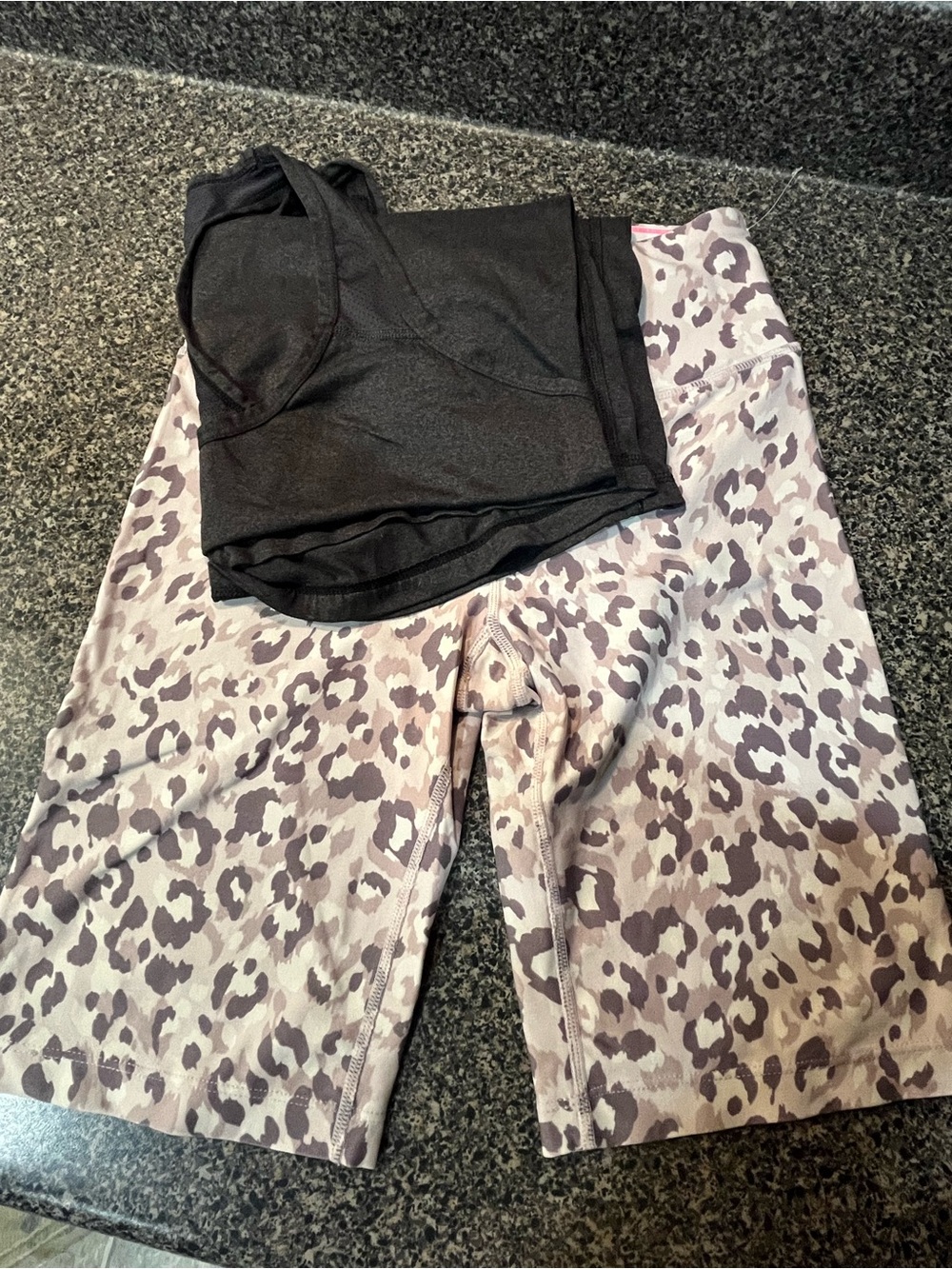 Calvin Klein Beige Leopard Print Athletic Shorts and Black Athletic Tank Top